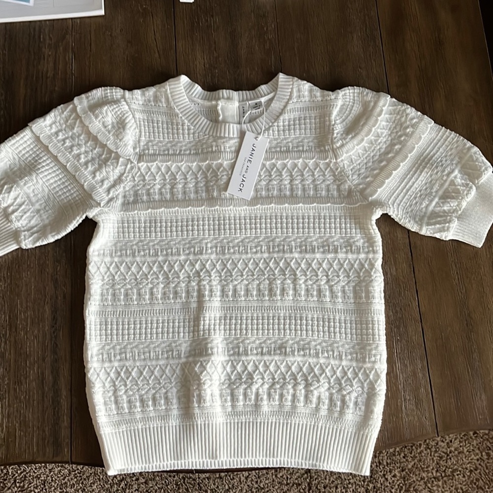 NWT Janie and Jack Girls White Short Sleeve Sweater Size 10